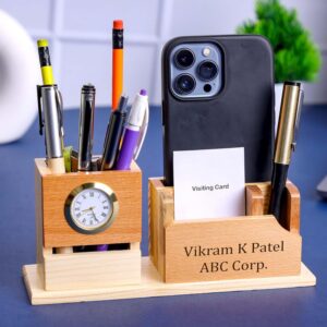 Deskart Customized Multipurpose Pen Holder Stand | Premium Wooden Desk Deskart Customized Multipurpose Pen Holder Stand | Premium Wooden Desk Organizer with Clock, Business Visiting Card and Mobile Holder