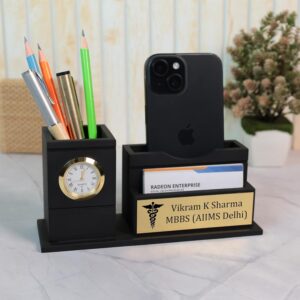 Deskart Doctor Pen Stand | Customized Desk Organizer for Doctors and Medical Aspirants with Pencil Holder, Clock, Mobile, Visiting Card Holder and Personalized Name Engraved Plate