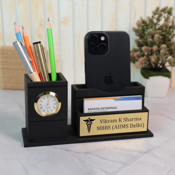 Deskart Doctor Pen Stand | Customized Desk Organizer for Doctors Deskart Doctor Pen Stand | Customized Desk Organizer for Doctors and Medical Aspirants with Pencil Holder, Clock, Mobile, Visiting Card Holder and Personalized Name Engraved Plate