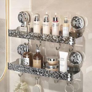 Double Bathroom Shelf with Suction Cup Mount and Hooks – Wall Mounted Transparent Storage Rack with Decorative Panel (2)