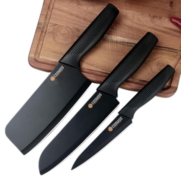 E-COSMOS® Professional 3-Piece Kitchen Knife Set - High Carbon Stainless Steel Chef, Utility & Santoku Knives with Ergonomic Blue Handles (Black, 3 Pc Knife Set)