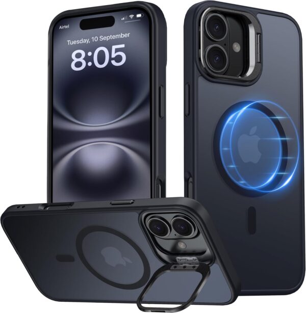 EGOTUDE Stand Case for iPhone 16 | Translucent Frosted Matte EGOTUDE Stand Case for iPhone 16 | Translucent Frosted Matte Hard Back Cover Compatible with Mag-Safe (Black) - Polycarbonate