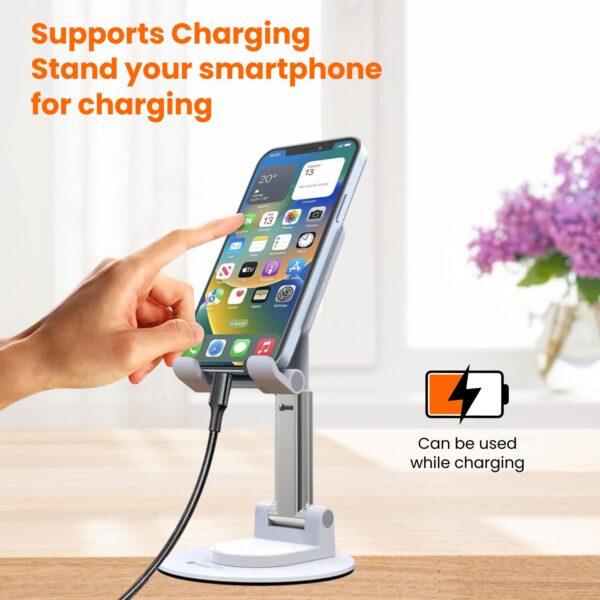 Elfora 360° Rotating Mobile Phone Stand | Foldable, Height & Angle Adjustable Phone Holder for Desk | Portable & Stable Design | Compatible with iPhone, Samsung, Vivo, Oneplus & All Smartphones(White)