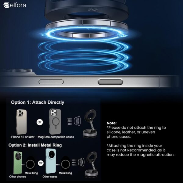 Elfora Vacuum Magnetic Dashboard Phone Holder | 360° Adjustable & Foldable Hands-Free Suction Mount for Car/Gym/Mirror | Strong MagSafe Compatible with iPhone Android and All Smartphones (Black)