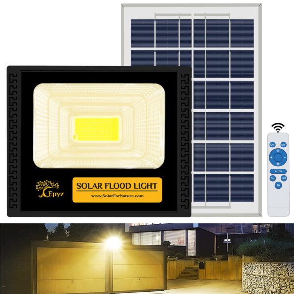 Epyz 50Watt Solar Flood Light Outdoor Waterproof with Remote Control for Home Automatic LED Lamp [ Pack of 1, Warm Yellow Light ] [ 4000mAh, 183LED ]-Light Power 50W - 4000mAh