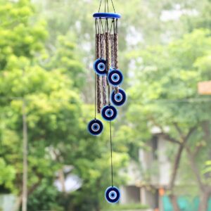 Evil Eye Wind Chimes for Home 27 Inch | Silver Metal Pipe Wind Chime with Evil Eye Protection | Feng Shui Wind Chimes for Balcony, Bedroom & Home Décor
