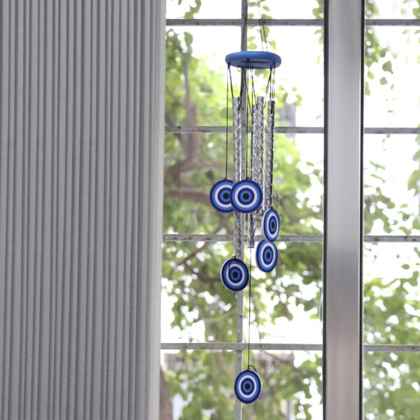 Evil Eye Wind Chimes for Home 27 Inch | Silver Metal Pipe Wind Chime with Evil Eye Protection | Feng Shui Wind Chimes for Balcony, Bedroom & Home Décor