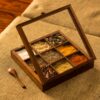 ExclusiveLane Sheesham Wooden Spice Box with Spoon (Non Removable Partitions, ExclusiveLane Sheesham Wooden Spice Box with Spoon (Non Removable Partitions, 50 ml, Brown) |Spice Box Wooden Namak Dani for Kitchen Wood Masala Box for Kitchen Wooden Masala Dabba Dani Container