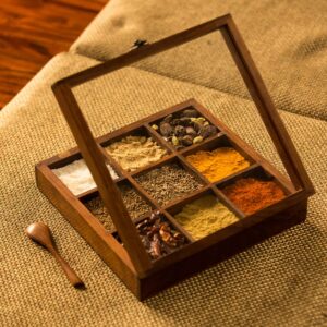 ExclusiveLane Sheesham Wooden Spice Box with Spoon (Non Removable Partitions, 50 ml, Brown) |Spice Box Wooden Namak Dani for Kitchen Wood Masala Box for Kitchen Wooden Masala Dabba Dani Container