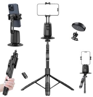 FKU L16 61" Tall Selfie Stick Aluminum Tripod Stand with Remote & P05 Auto Face Tracking Mobile Phone Holder, Compatible with iPhone/Android/GoPro (L16+P05 Auto Face Tracking Mobile Phone Holder)