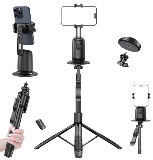 FKU L16 61" Tall Selfie Stick Aluminum Tripod Stand with Remote & P05 Auto Face Tracking Mobile Phone Holder, Compatible with iPhone/Android/GoPro (L16+P05 Auto Face Tracking Mobile Phone Holder)