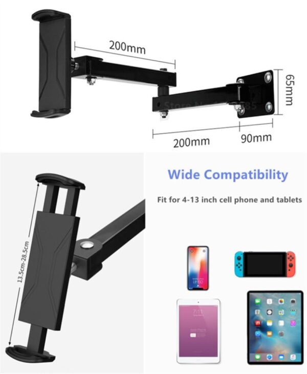 FKU Wall Mount Tablet Cell Phone Stand Long Arm Stretchable Holder for 4-13 inch Devices