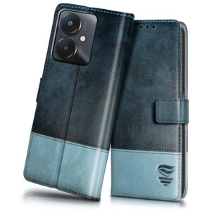 FLIPPED Vegan Leather Flip Case Back Cover for Xiaomi Mi Redmi 13C 5G | Redmi 13C 4G | Poco M6 5G | Poco C65 (Shock Proof | Hand Stitched | Card Pockets Wallet & Stand | Blue with Aquamarine)