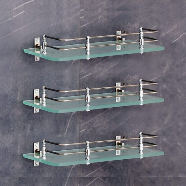 FORTUNE Multi-Purpose Wall Hung (Frosted) Glass Front Bathroom Shelf with FORTUNE Multi-Purpose Wall Hung (Frosted) Glass Front Bathroom Shelf with Wall Brackets, Storage Holder, 12 x 6 Inch - (Pack of 3)