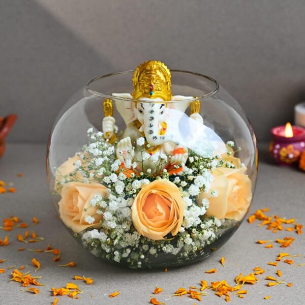 FlowerAura Fresh Live 6 Peach Roses Flowers Bouquet with Ganesha Idol in Fish Bowl for Living Room, Table Decor, Home Decor, Temple Decor, Gift for Religious Events & Occasions (Same Day Delivery)