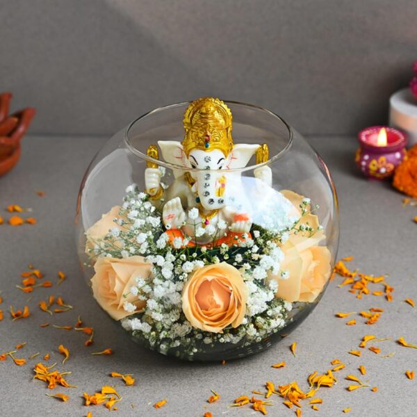 FlowerAura Fresh Live 6 Peach Roses Flowers Bouquet with Ganesha Idol in Fish Bowl for Living Room, Table Decor, Home Decor, Temple Decor, Gift for Religious Events & Occasions (Same Day Delivery)