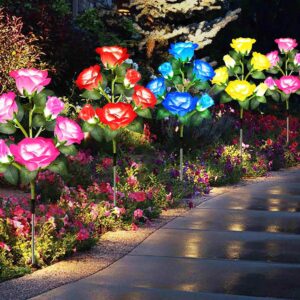 GIGALUMI GL-913 5 LED Solar Rose Garden Light with 2V GIGALUMI GL-913 5 LED Solar Rose Garden Light with 2V Panel 600mAh Battery IP65 Waterproof Colour Changing 5 Flower Head Stake Lamp for Outdoor Lawn Pathway Decoration (Pack of 1, RGB)