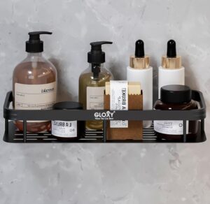 GLOXY Bathroom Organiser Without Drill, Bathroom Accessories with Bathroom Shelves & Self Adhesive Bathroom Shelf for Storage (Black, Heavy Duty Aluminium)