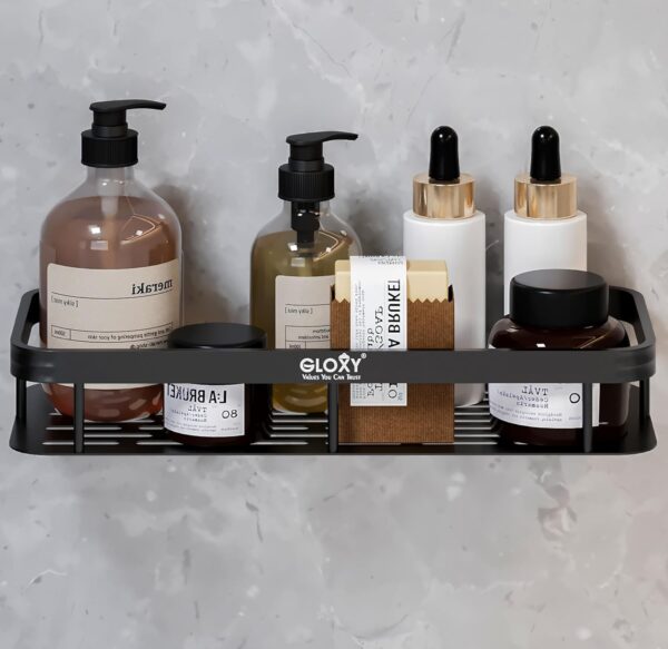 GLOXY Bathroom Organiser Without Drill, Bathroom Accessories with Bathroom Shelves GLOXY Bathroom Organiser Without Drill, Bathroom Accessories with Bathroom Shelves & Self Adhesive Bathroom Shelf for Storage (Black, Heavy Duty Aluminium)