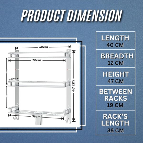 GLOXY ENTERPRISE Stainless Steel 3 Layer Multipurpose Organizer Shelf for Bathroom with Double Soap Dish and Toothbrush Holder Soap Holder for Bathroom Accessories (15 x 5 x 19 inch, Mirror Finish)