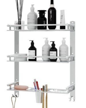 GLOXY Premium Bathroom Shelf Rack - Chrome Finish Stainless Steel GLOXY Premium Bathroom Shelf Rack - Chrome Finish Stainless Steel 4in1 Wall Mount Bathroom Soap Rack with Toothbrush Holder - Bathroom Fittings Accessories Set with Multipurpose Hooks