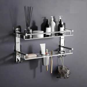 GLOXY Premium Multipurpose Adhesive Stickers Stainless Steel Bathroom Shelf with Soap Dish and Toothbrush Holder - 4 in 1 Bathroom Accessories Set - 15 x 5 Inches