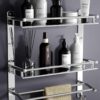 GLOXY Stainless Steel Washroom Storage Organizer | Double Layer Wall Mounted Bathroom Shelf with Towel Rod | Bathroom Accessories for Storage and Organization – Chrome Finish (15W x 5D x 18H in)