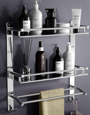 GLOXY Stainless Steel Washroom Storage Organizer | Double Layer Wall Mounted Bathroom Shelf with Towel Rod | Bathroom Accessories for Storage and Organization – Chrome Finish (15W x 5D x 18H in)