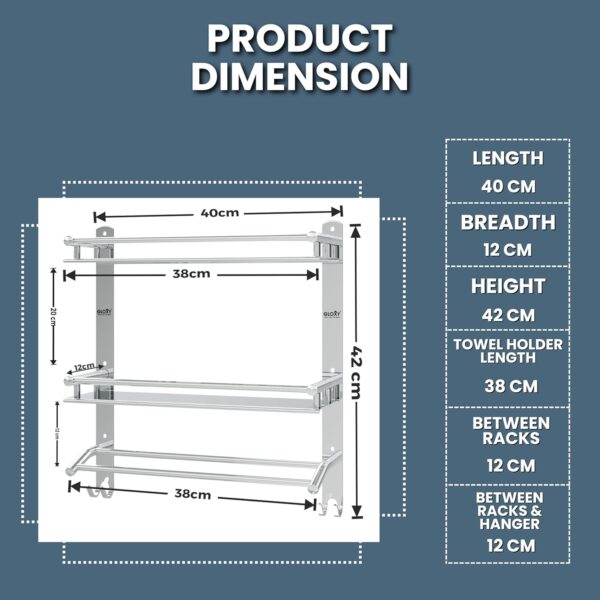GLOXY Stainless Steel Washroom Storage Organizer | Double Layer Wall Mounted Bathroom Shelf with Towel Rod | Bathroom Accessories for Storage and Organization – Chrome Finish (15W x 5D x 18H in)