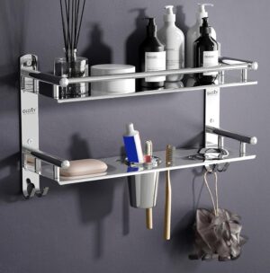 GLOXY Wall Mount Bathroom Shelves Stainless Steel with Soap Holder & Toothbrush Holder | Chrome Finished Premium 4 in 1 Washroom Storage Organiser Bathroom Stand