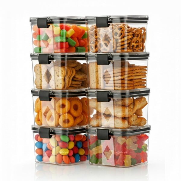 GOLWYN Kitchen Storage Container Set, Clear Plastic, 500 ml, Airtight Seal, Stackable Design, Set of 8