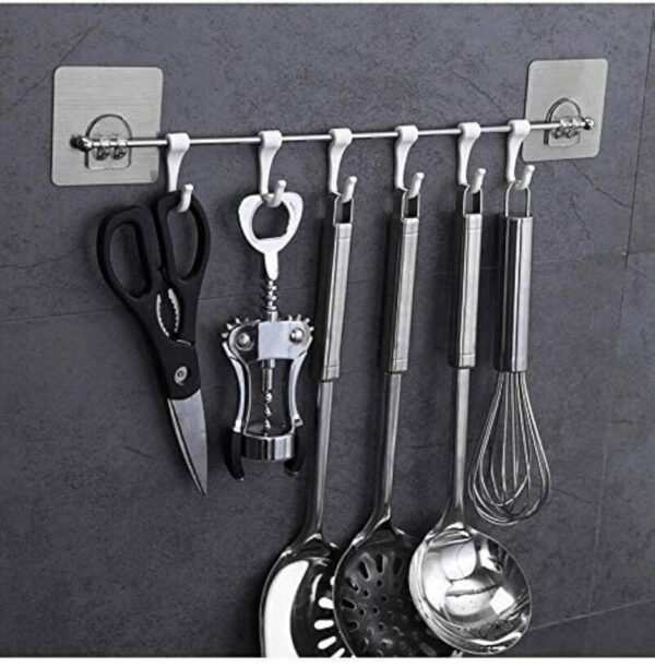 GOLWYN Premium Self Adhesive Kitchen Accessories Items Organizer Rack Stand, GOLWYN Premium Self Adhesive Kitchen Accessories Items Organizer Rack Stand, Wall Hanging Hooks Strong Without Drilling/Bathroom Door Cloth Hanger (9 Hooks), Stainless Steel