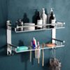 GOSAI Shelf Adhesive Bathroom Shelf Stainless Steel Bathroom Accessories 2 Layer Shelves with Dual Soap Case Toothbrush Holder & Hook | Bathroom Shelf for Wall | Bathroom Organizer (16x5x9 inch)