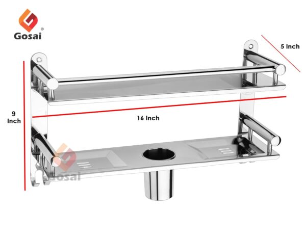 GOSAI Shelf Adhesive Bathroom Shelf Stainless Steel Bathroom Accessories 2 Layer Shelves with Dual Soap Case Toothbrush Holder & Hook | Bathroom Shelf for Wall | Bathroom Organizer (16x5x9 inch)