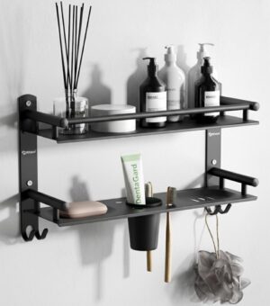 GRIVAN 5 in 1 Heavy-Duty Stainless Steel Bathroom Shelf Racks GRIVAN 5 in 1 Heavy-Duty Stainless Steel Bathroom Shelf Racks with Dual Soap Holder, Toothbrush Holder and Tumbler for Bathroom Accessories and Fittings (Black Matte)
