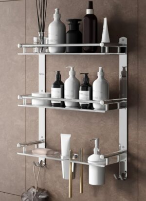 GRIVAN 6in1 Premium Stainless Steel Shelf Racks Stand Holder Shelves with Soap, Toothbrush, Tumbler Holder and Liquid Soap Dispenser for Bathroom Accessories and Fittings (Silver Chromed)