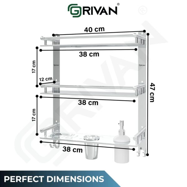 GRIVAN 6in1 Premium Stainless Steel Shelf Racks Stand Holder Shelves with Soap, Toothbrush, Tumbler Holder and Liquid Soap Dispenser for Bathroom Accessories and Fittings (Silver Chromed)