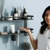 GRIVAN Stainless Steel 2-Tier Bathroom Accessories Set – Heavy Duty Bathroom Shelves with Dual Soap Holder, Toothbrush Holder & Tumbler | Wall Mounted Bathroom Organizer (Black Matte)