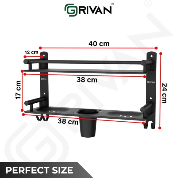 GRIVAN Stainless Steel 2-Tier Bathroom Accessories Set – Heavy Duty Bathroom Shelves with Dual Soap Holder, Toothbrush Holder & Tumbler | Wall Mounted Bathroom Organizer (Black Matte)