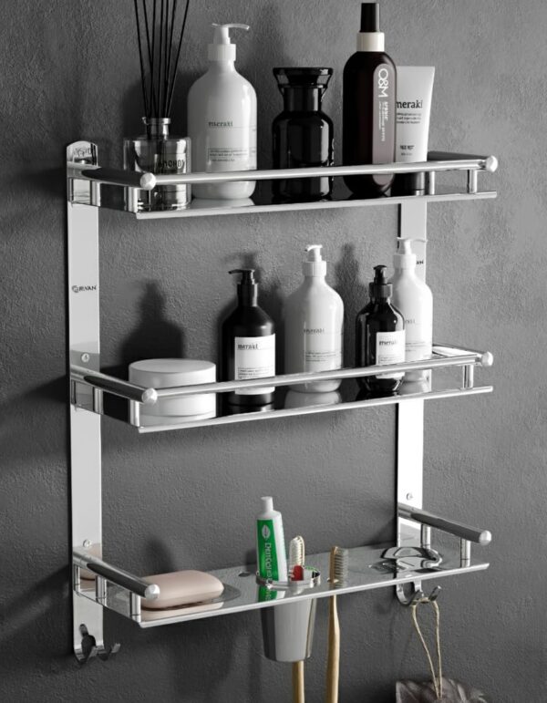 GRIVAN Stainless Steel 3 Layer/3 Tier Multipurpose Bathroom Shelf/Rack/Organizer/Stand/Holder with Double Soap Dish and Toothbrush Holder Tumbler Bathroom Accessories