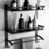 GRIVAN Stainless Steel Multipurpose Double Layer Bathroom Shelf with Towel Road Racks Wall Mount Bath Shelf Organizer, Bathroom Accessories (Black Matte Finish)