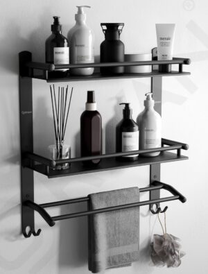 GRIVAN Stainless Steel Multipurpose Double Layer Bathroom Shelf with Towel Road Racks Wall Mount Bath Shelf Organizer, Bathroom Accessories (Black Matte Finish)