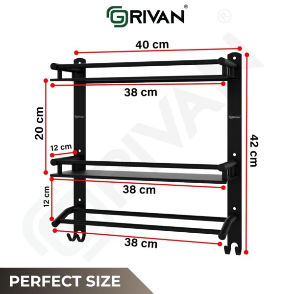GRIVAN Stainless Steel Multipurpose Double Layer Bathroom Shelf with Towel Road Racks Wall Mount Bath Shelf Organizer, Bathroom Accessories (Black Matte Finish)