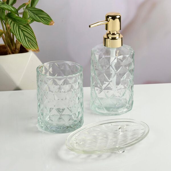 Glass Bathroom Accessories Set of 3, Modern Bath Set with Glass Bathroom Accessories Set of 3, Modern Bath Set with Liquid handwash Soap Dispenser and Toothbrush Holder, Luxury Gift Accessory for Home, Transparent (11571)