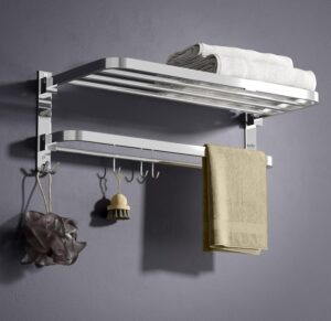 Gloxy Premium Towel Rack in Bathroom - Chrome Finish 24 Inch Stainless Steel Bathroom Hangers for Clothes Towel Holder in Bathroom - Bathroom Fittings Accessories Set with Multipurpose Hooks