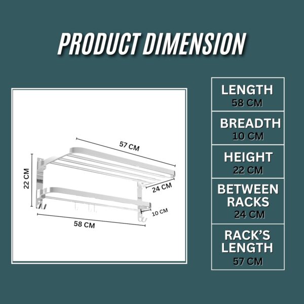 Gloxy Premium Towel Rack in Bathroom - Chrome Finish 24 Inch Stainless Steel Bathroom Hangers for Clothes Towel Holder in Bathroom - Bathroom Fittings Accessories Set with Multipurpose Hooks