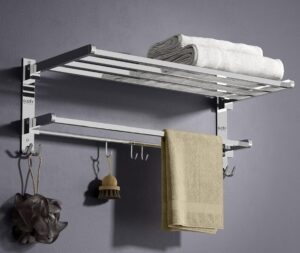 Gloxy Towel Rack in Bathroom - Stainless Steel Towel Holder in Bathroom - 24 Inch Folding Wall Mounted Towel Rack with Shelf – Durable & Space Saving – Chrome Finish Bathroom Organizer (Non-Adhesive)