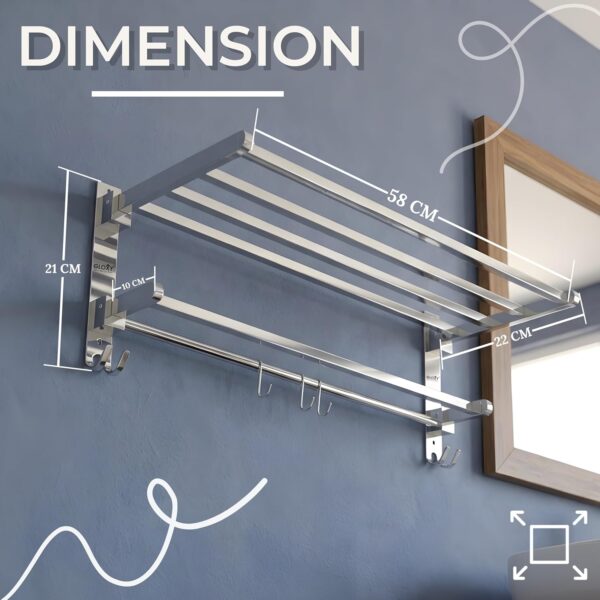 Gloxy Towel Rack in Bathroom - Stainless Steel Towel Holder in Bathroom - 24 Inch Folding Wall Mounted Towel Rack with Shelf – Durable & Space Saving – Chrome Finish Bathroom Organizer (Non-Adhesive)