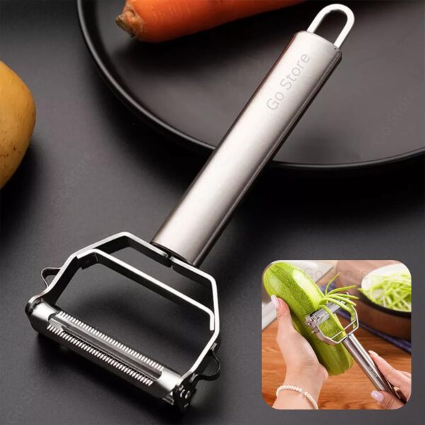 Go Store 2 in 1 Stainless Steel Julienne Vegetable Peeler Go Store 2 in 1 Stainless Steel Julienne Vegetable Peeler Multi-Functional Fruit & Veggie Shredder Slicer and Grater for Potatoes, Carrots, Cucumbers (Silver, 18 x 8.2 x 2.4 cm)