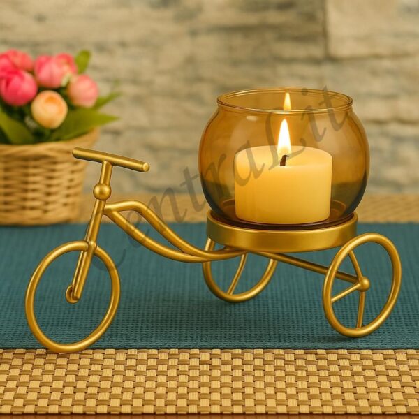 Gold Decorative Bicycle Holder with Golden Glass | Home Decor Showpiece for Living Room, Bedroom, Table Decoration | Decor Stand, Festival Decor & Gift Items for Home